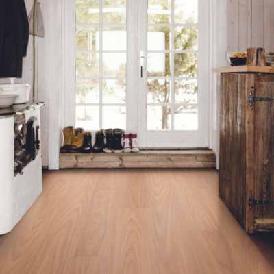 waterproof flooring in farmhouse style entryway with shoes